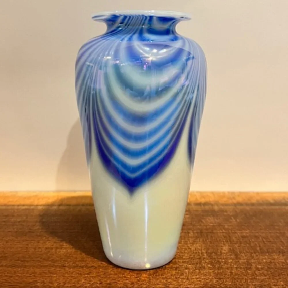 OBG Ornamental Blown Glass Seattle Iridescent Blue Pulled Feather Signed Vase